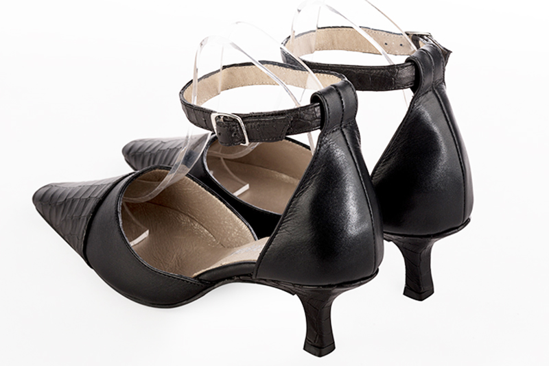 Satin black women's open side shoes, with a strap around the ankle. Tapered toe. Medium spool heels. Rear view - Florence KOOIJMAN